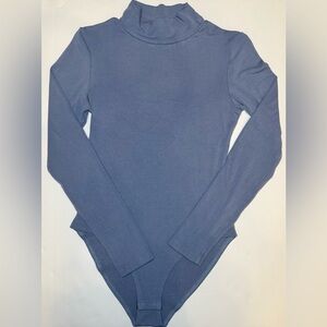 Long Sleeve Mockneck Bodysuit Casual Basic Stretchy Blue Size S